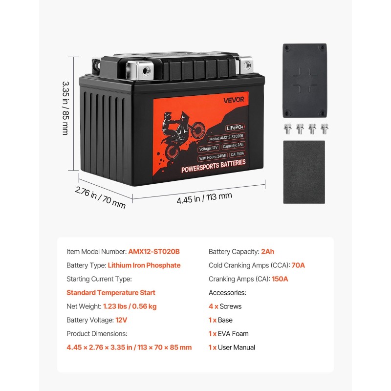 Moottoripyörä- ja harrasteajoneuvoakku 12V 2Ah litiumrautafosfaatti esiladattu huoltovapaa