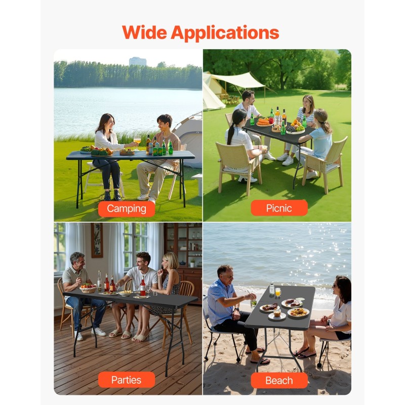 Taitettava suorakulmainen pöytä HDPE-muovi ja hiiliteräs 180×74×74 cm musta