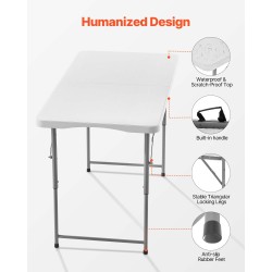 Taitettava apupöytä valkoinen muovi ja hiiliteräs 122 x 60 cm 100 kg