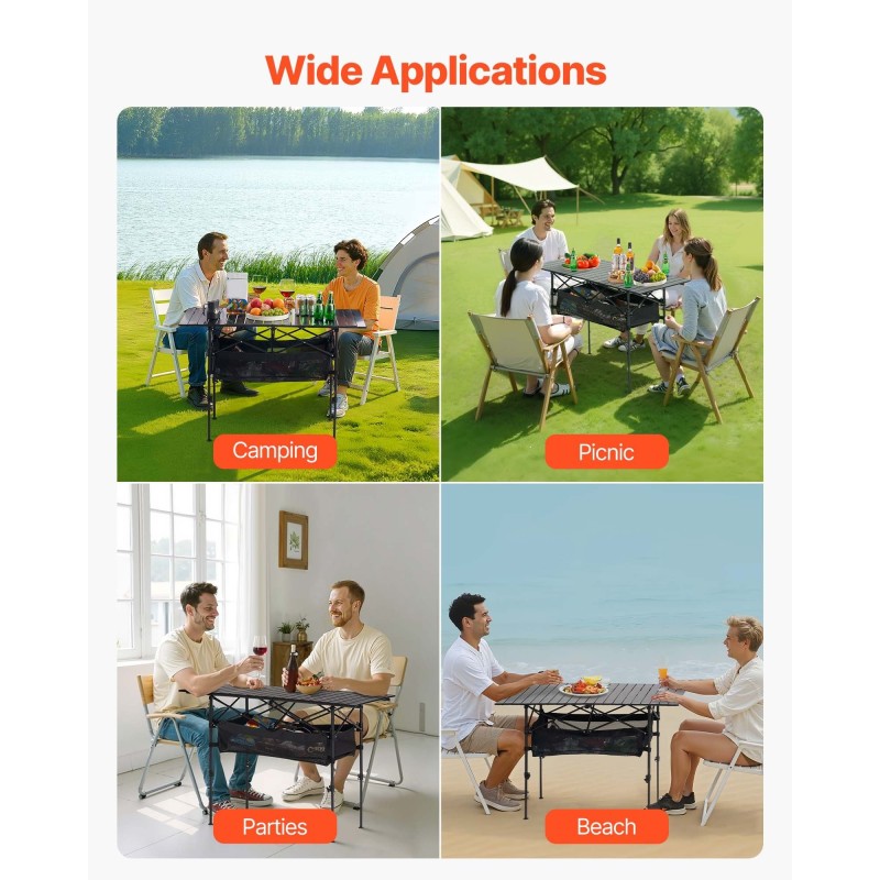 Kokoontaittuva alumiininen retkipöytä musta säädettävä korkeus 60 kg kantavuus