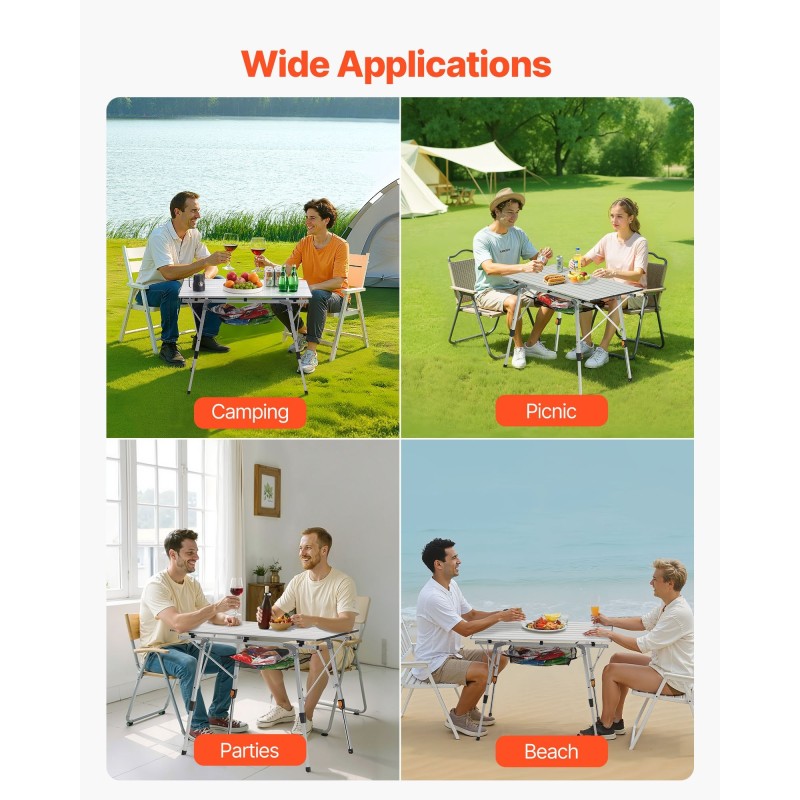Taittuva retkipöytä alumiiniseos rullattava pöytälevy säädettävä korkeus kantavuus 45 kg kevyt kantokassi