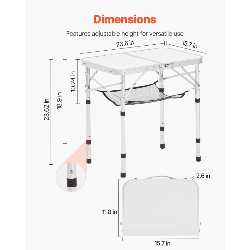 Kokoontaitettava retkipöytä säädettävä korkeus MDF-pinta alumiinirunko verkkohylly hopea
