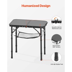Taitettava retkipöytä alumiinirunko MDF-pöytätaso musta 600x400x260 mm 30 kg kantavuus