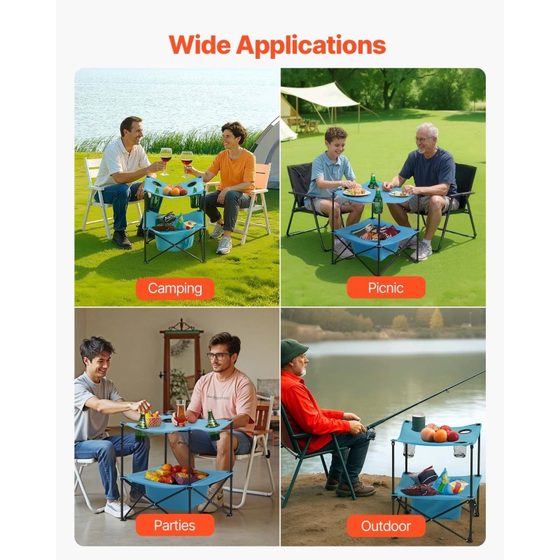 Retkipöytä kokoontaitettava kevyt 600D Oxford kangas metallirunko neljä mukitelinettä sininen