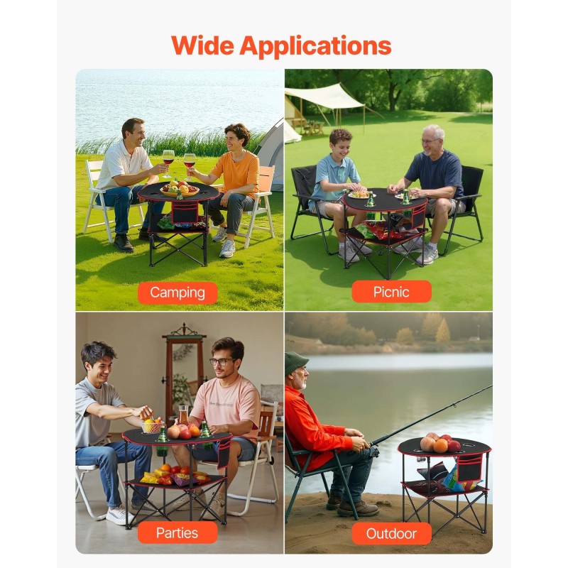 Taitettava retkipöytä 600D Oxford-kangas metallirunko 720x720x600 mm 4 mukitelinettä ulkokäyttöön