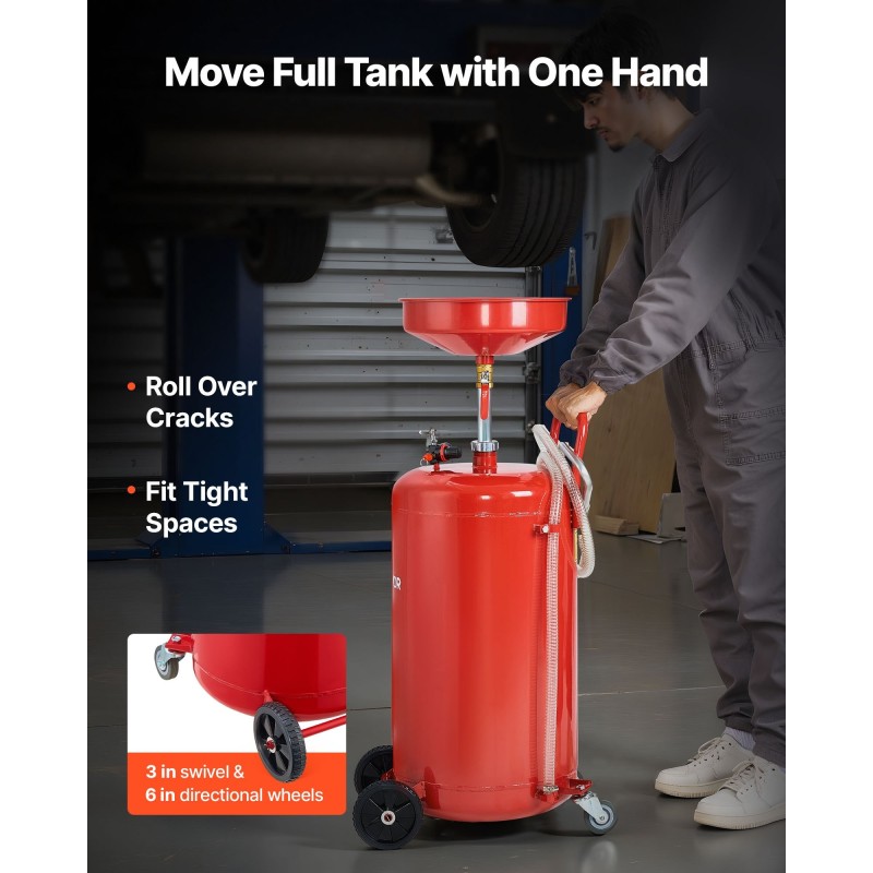 Jäteöljyn keräyssäiliö 95 litran rautainen pneumaattinen tyhjennys säädettävällä suppilolla pyörillä