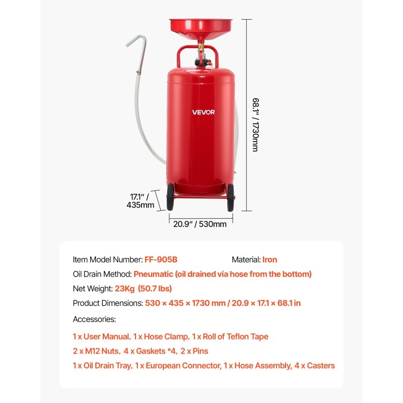 Jäteöljyn keräyssäiliö 95 litran rautainen pneumaattinen tyhjennys säädettävällä suppilolla pyörillä