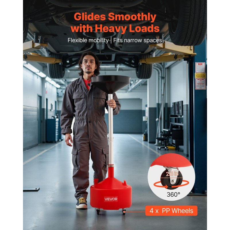 Jäteöljyn keräyssäiliö 30L PE-muovi säädettävällä 420 mm suppilolla pyörillä manuaalisella tyhjennyksellä