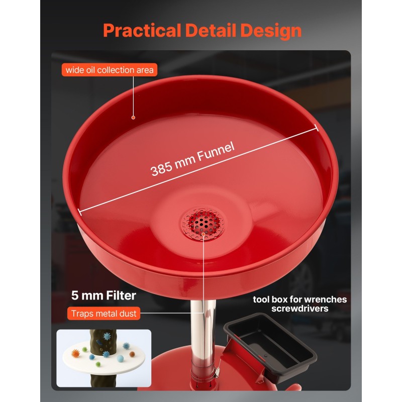 Jäteöljyn keräyssäiliö 30 l rautarunko pyörillä säädettävällä suppilolla autokorjaamoihin