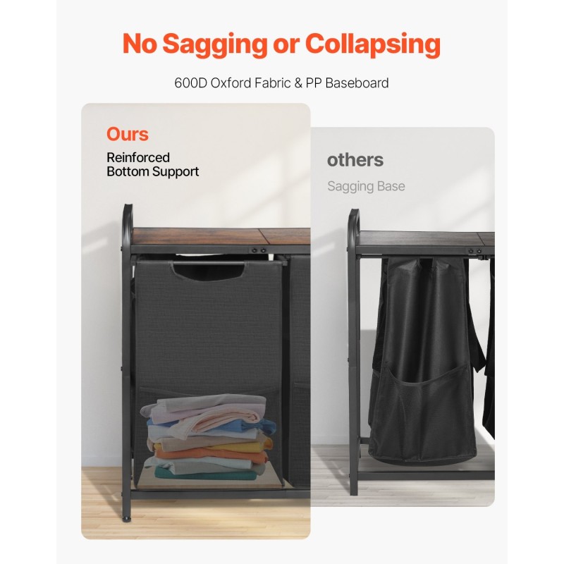 Pyykkilajittelukori kaksiosainen 600D Oxford kangas irrotettavat pussit metallirunko pöytälevy musta