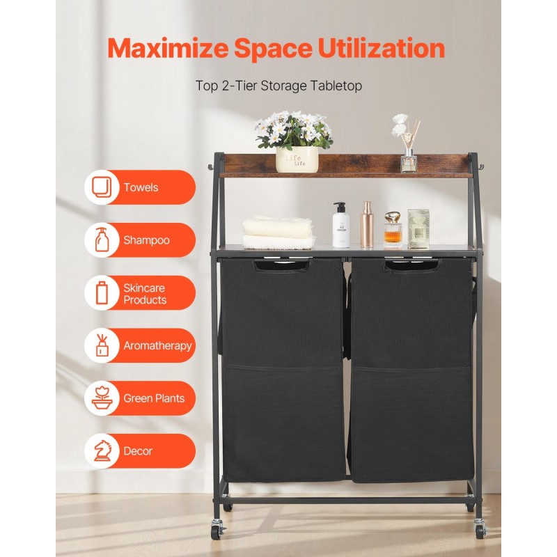 Pyykkilajittelija 2 lokeroa 600D Oxford-kangas metallirunko pöytätaso musta