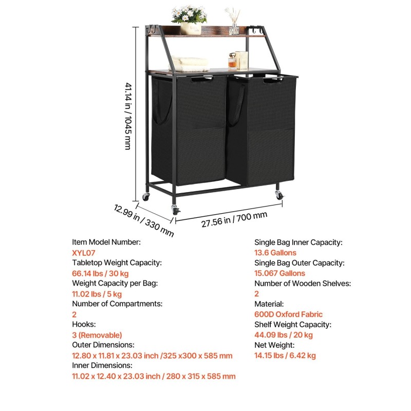 Pyykkilajittelija 2 lokeroa 600D Oxford-kangas metallirunko pöytätaso musta