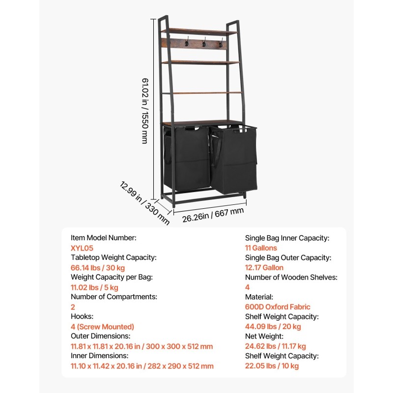 Pyykkilajittelija 600D Oxford-kangas kahdella lokerolla irrotettavat pussit musta