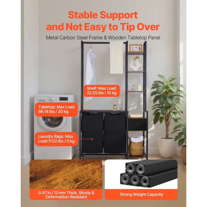 Pyykkilajittelija kaksiosainen 600D Oxford-kangas 3 puuhyllyä ripustustangolla musta