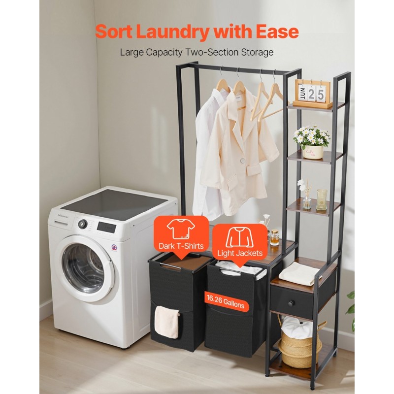 Pyykkilajittelija kaksiosainen 600D Oxford-kangas 3 puuhyllyä ripustustangolla musta