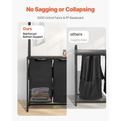 Pyykkilajittelija kaksiosainen 600D Oxford-kangas 3 puuhyllyä ripustustangolla musta