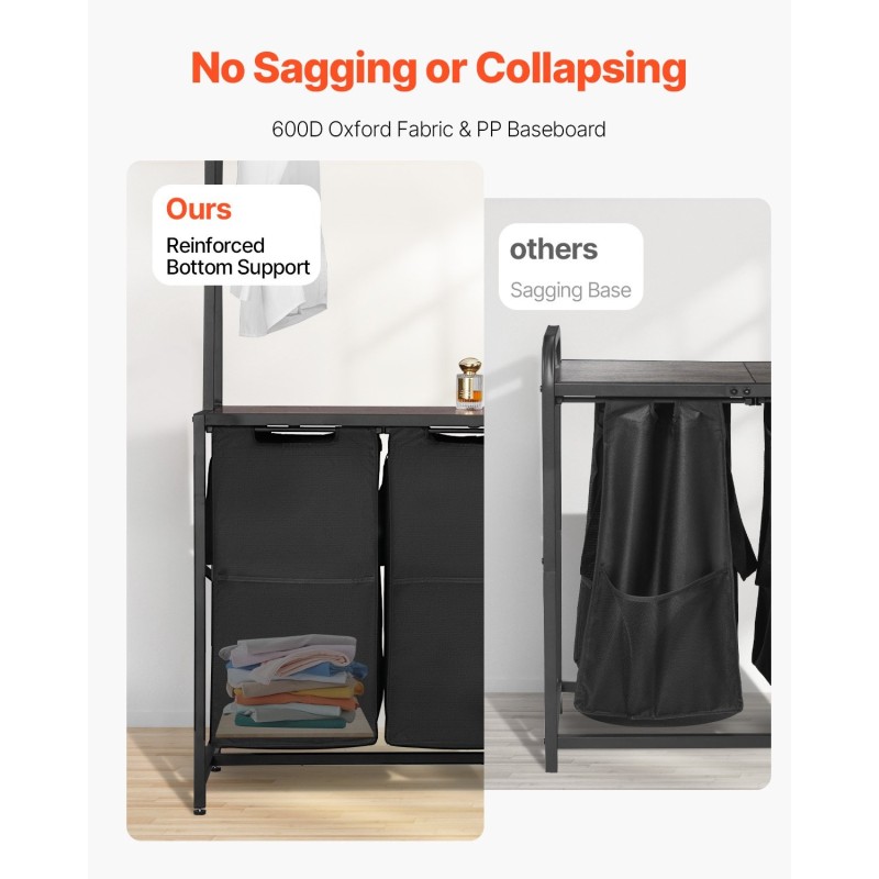 Pyykkilajittelija kaksiosainen 600D Oxford-kangas 3 puuhyllyä ripustustangolla musta