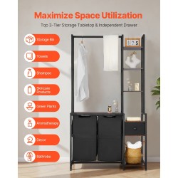 Pyykkilajittelija kaksiosainen 600D Oxford-kangas 3 puuhyllyä ripustustangolla musta