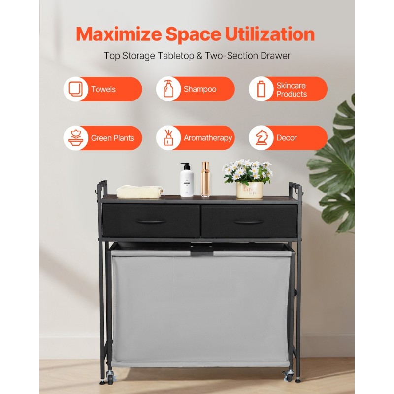 Pyykkilajittelukori 3-osastoinen 600D Oxford-kankaasta musta lastulevyinen kansitaso pyörillä