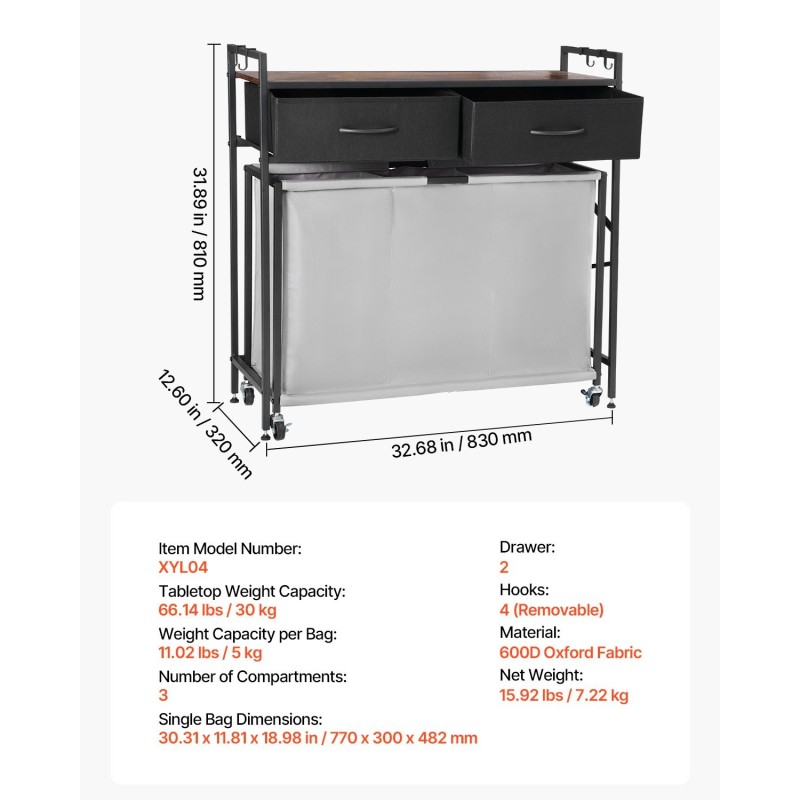 Pyykkilajittelukori 3-osastoinen 600D Oxford-kankaasta musta lastulevyinen kansitaso pyörillä