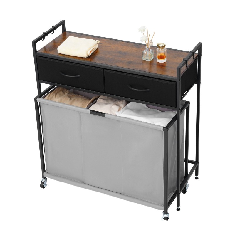 Pyykkilajittelukori 3-osastoinen 600D Oxford-kankaasta musta lastulevyinen kansitaso pyörillä