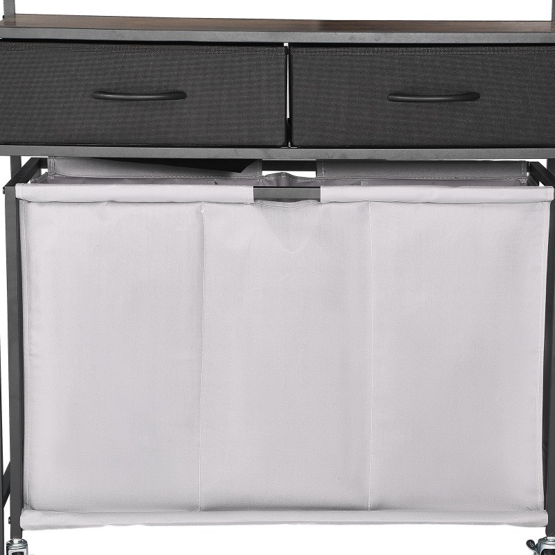 Pyykkilajittelukori 3-osastoinen 600D Oxford-kankaasta musta lastulevyinen kansitaso pyörillä