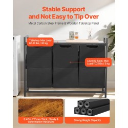 Pyykkilajittelija 3 irrotettavaa säkkiä 600D-kankaasta pöytätasolla metallirungolla musta