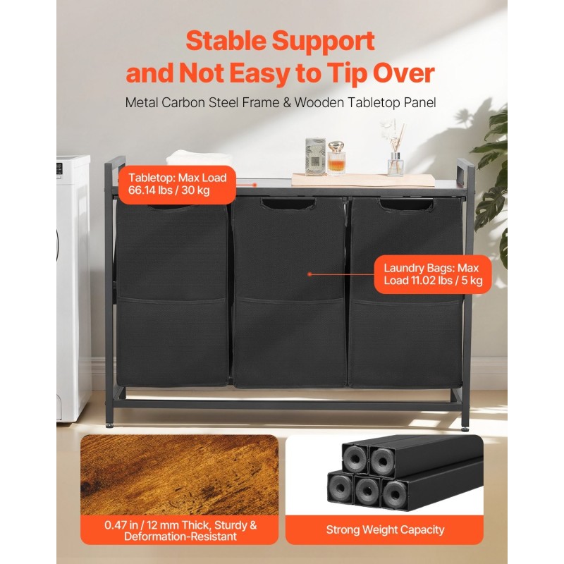 Pyykkilajittelija 3 irrotettavaa säkkiä 600D-kankaasta pöytätasolla metallirungolla musta