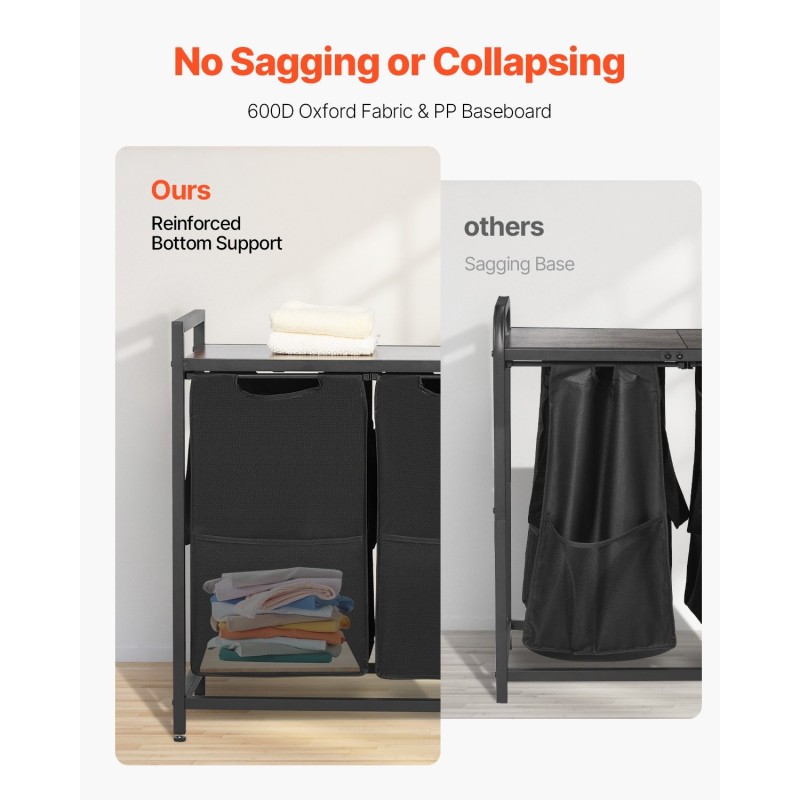 Pyykkilajittelija 3 irrotettavaa säkkiä 600D-kankaasta pöytätasolla metallirungolla musta