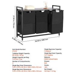 Pyykkilajittelija 3 irrotettavaa säkkiä 600D-kankaasta pöytätasolla metallirungolla musta