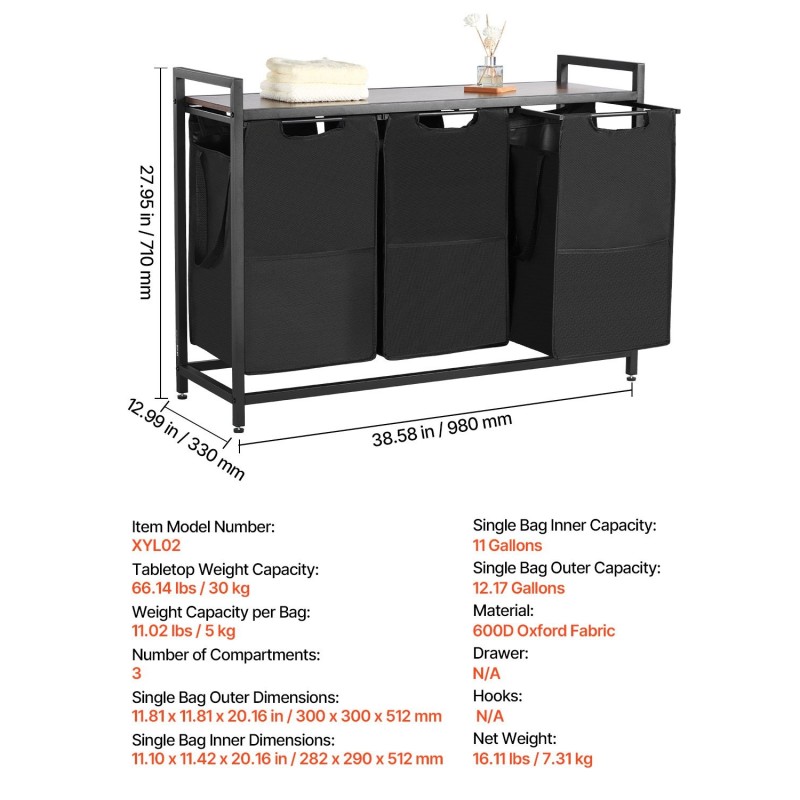 Pyykkilajittelija 3 irrotettavaa säkkiä 600D-kankaasta pöytätasolla metallirungolla musta