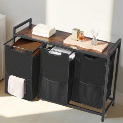 Pyykkilajittelija 3 irrotettavaa säkkiä 600D-kankaasta pöytätasolla metallirungolla musta