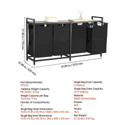 Pyykkilajittelija 4-osainen musta kestävästä kankaasta irrotettavilla pusseilla