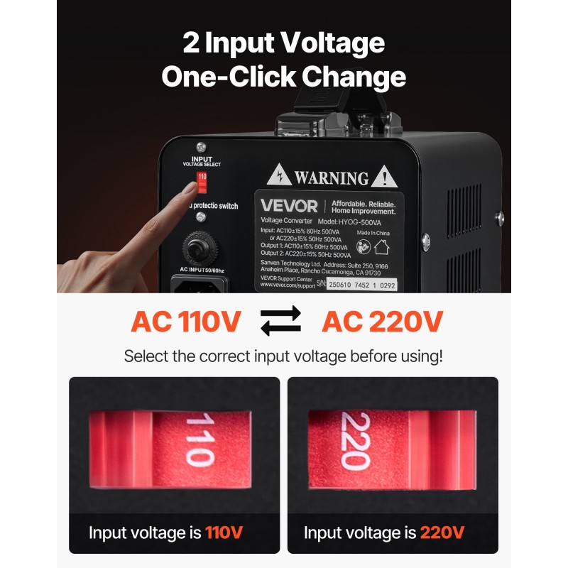 Jännitemuunnin 500VA 110V–220V amerikkalaisilla ja eurooppalaisilla pistorasioilla metallikotelo ylikuormitussuojalla 5A
