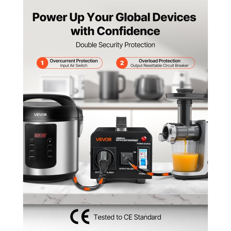 Jännitemuunnin 500VA 110V–220V amerikkalaisilla ja eurooppalaisilla pistorasioilla metallikotelo ylikuormitussuojalla 5A