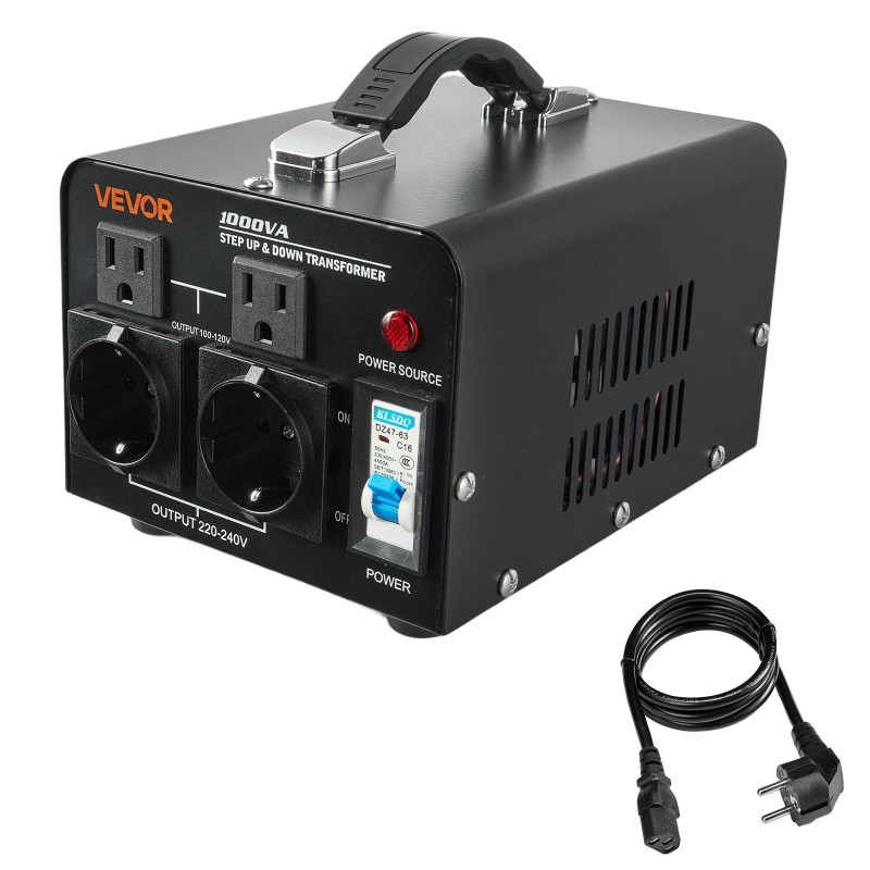 1000VA jännitemuuntaja 110V ja 220V metallikotelo kaksi amerikkalaista ja kaksi eurooppalaista pistorasiaa