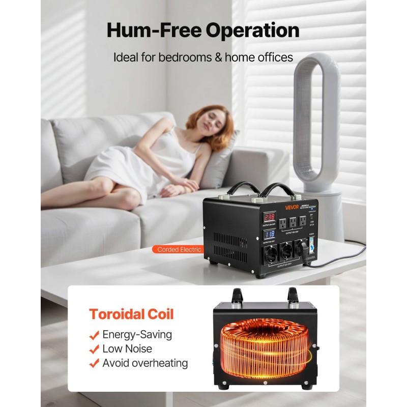 Jänniteautomaattimuunnin 3000VA 110V–220V kaksisuuntainen metallikotelo 3 US- ja 3 EU-pistorasiaa