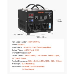 Jänniteautomaattimuunnin 3000VA 110V–220V kaksisuuntainen metallikotelo 3 US- ja 3 EU-pistorasiaa