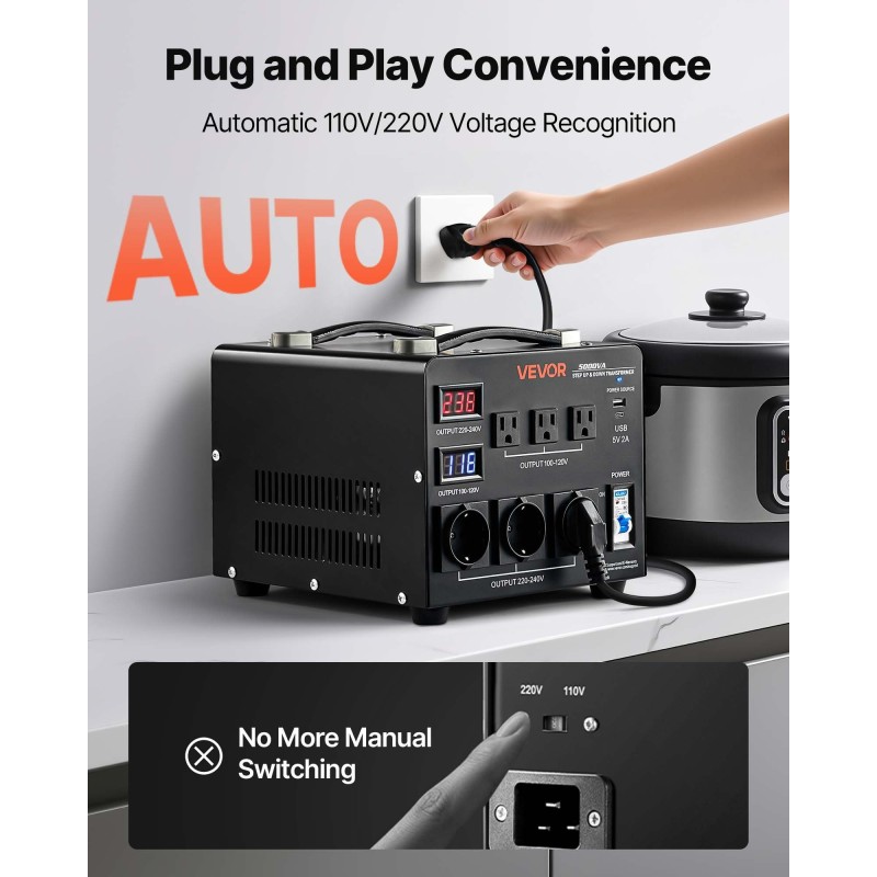 Jänniteautomaattimuuntaja 5000VA metallirunko 110V ja 220V automaattinen tunnistus 3xEU 3xUS