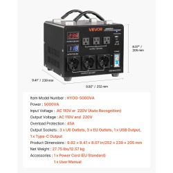 Jänniteautomaattimuuntaja 5000VA metallirunko 110V ja 220V automaattinen tunnistus 3xEU 3xUS