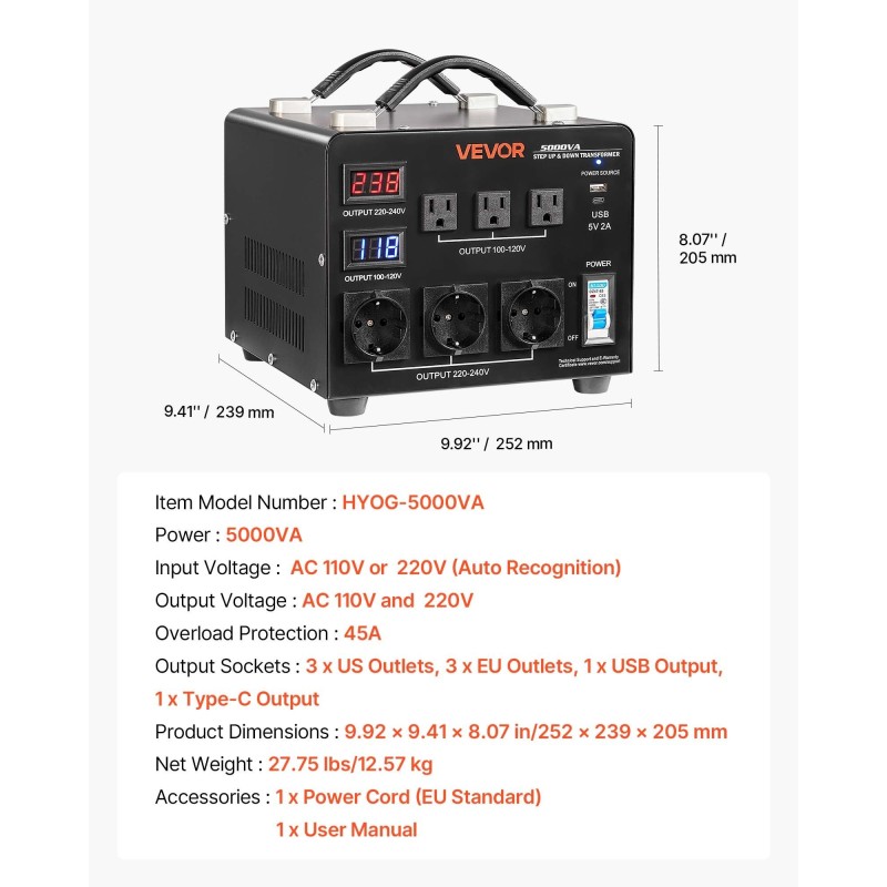Jänniteautomaattimuuntaja 5000VA metallirunko 110V ja 220V automaattinen tunnistus 3xEU 3xUS
