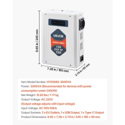 Jännitemuunnin 3000VA metallikotelo 110V–220V 2 EU-pistorasiaa USB Type-C LCD