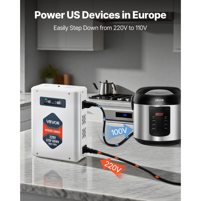 Askelalaskumuuntaja 2000VA metallikotelo 110V-laitteille kaksi amerikkalaista pistorasiaa USB- ja Type-C-lähdöillä LCD-näytöllä