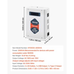 Askelalaskumuuntaja 2000VA metallikotelo 110V-laitteille kaksi amerikkalaista pistorasiaa USB- ja Type-C-lähdöillä LCD-näytöllä