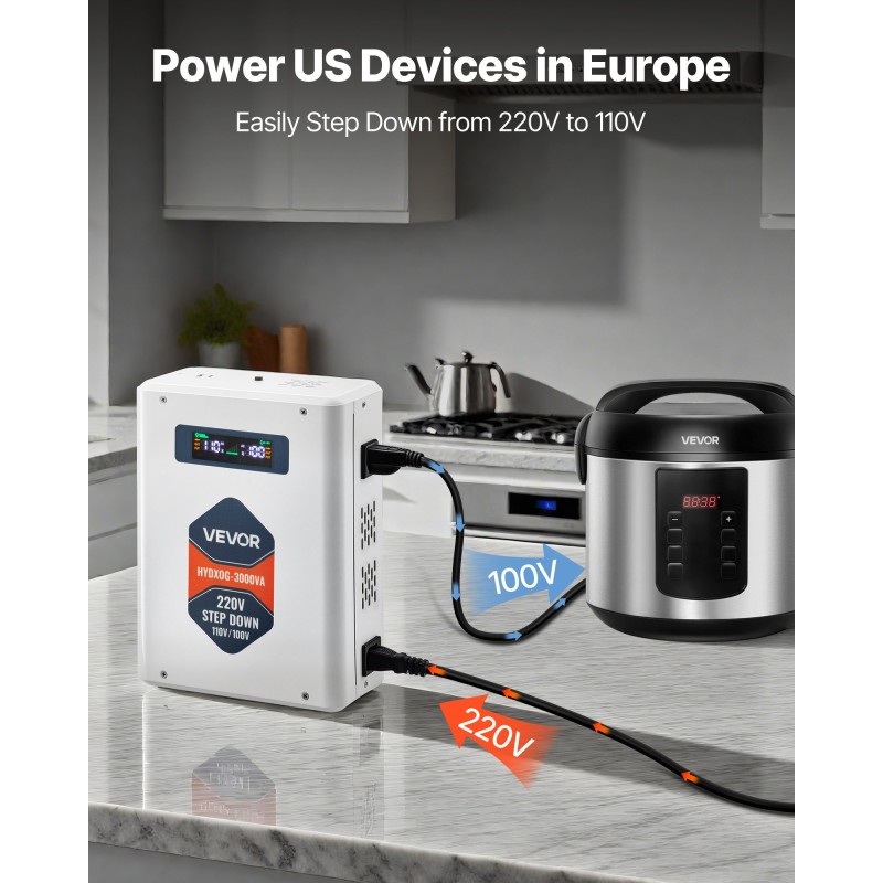 Askeltava jännitemuunnin 3000VA AC 220V 110V metallikotelo 2 US-pistorasiaa USB ja Type-C