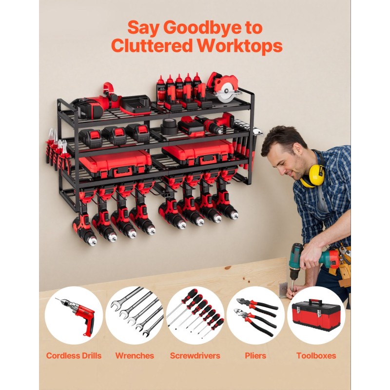 Seinäasennettava sähkötyökaluteline 4 tasoa hiiliteräs musta 8 porapidikettä