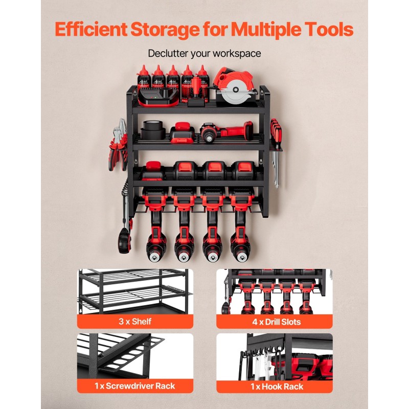 Seinäkiinnitteinen hiiliteräksinen työkaluteline 4-tasoinen porakoneille musta 60 kg