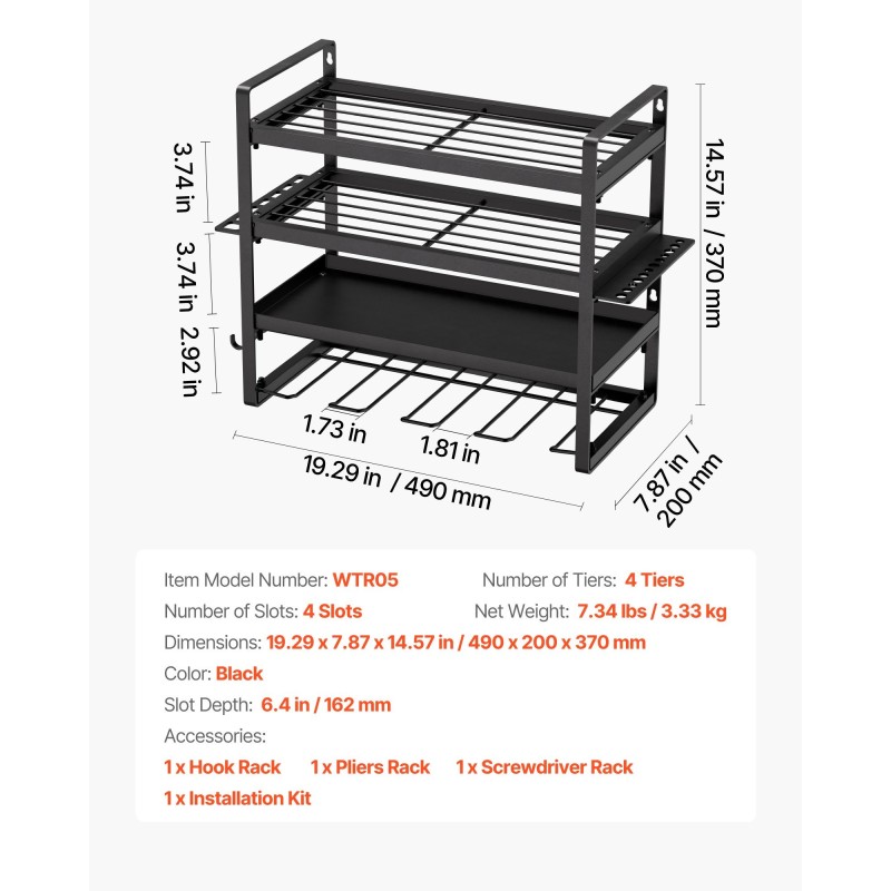 Seinäkiinnitteinen hiiliteräksinen työkaluteline 4-tasoinen porakoneille musta 60 kg