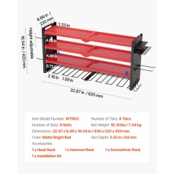 Seinäkiinnitteinen nelitasoinen hiiliterästeline porakoneille kahdeksalla uralla mattakirkas punainen