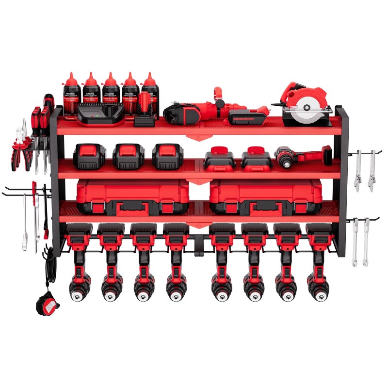 Seinäkiinnitteinen nelitasoinen hiiliterästeline porakoneille kahdeksalla uralla mattakirkas punainen